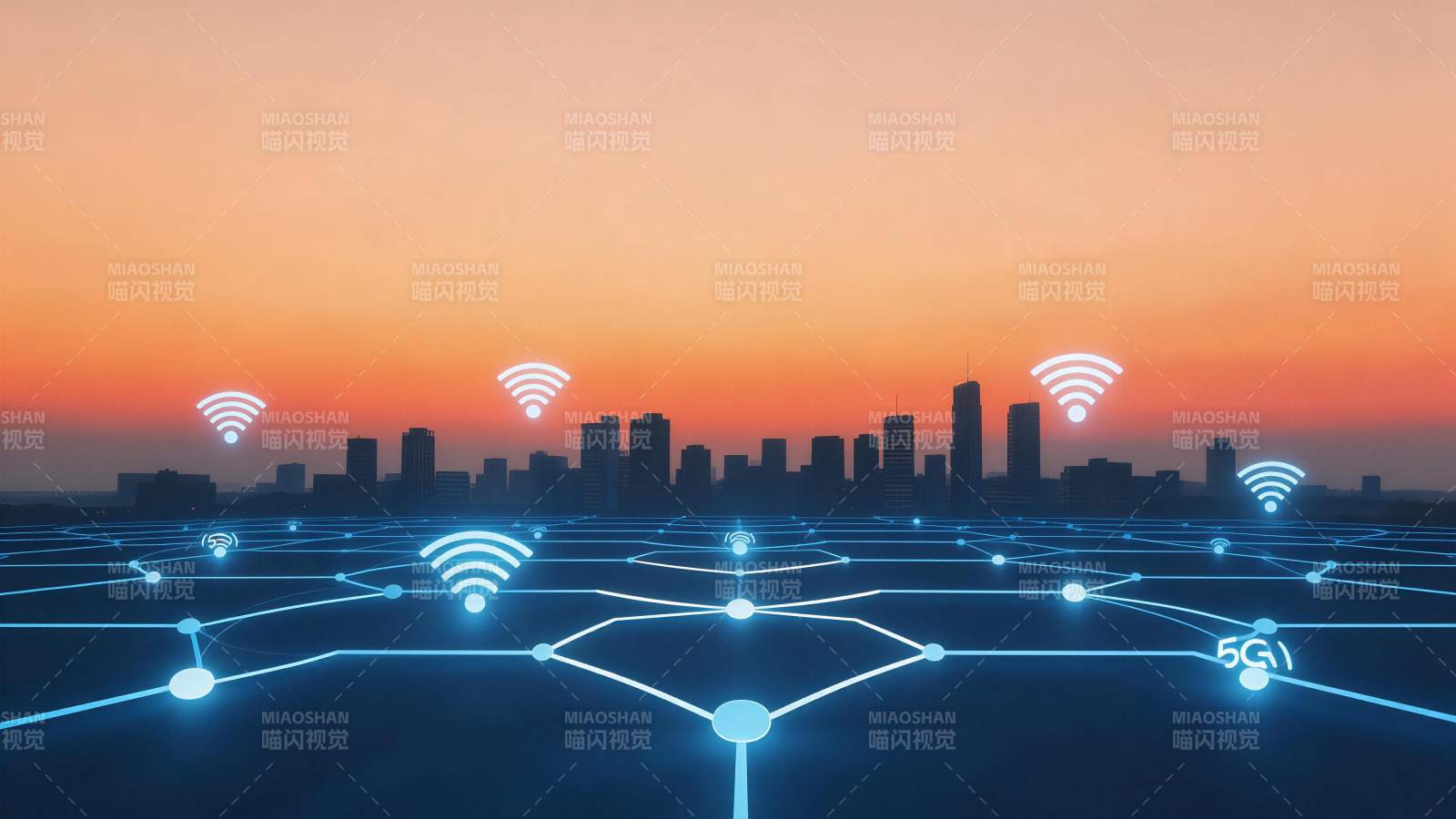 城市天际线与无线网络信号覆盖示意图图片