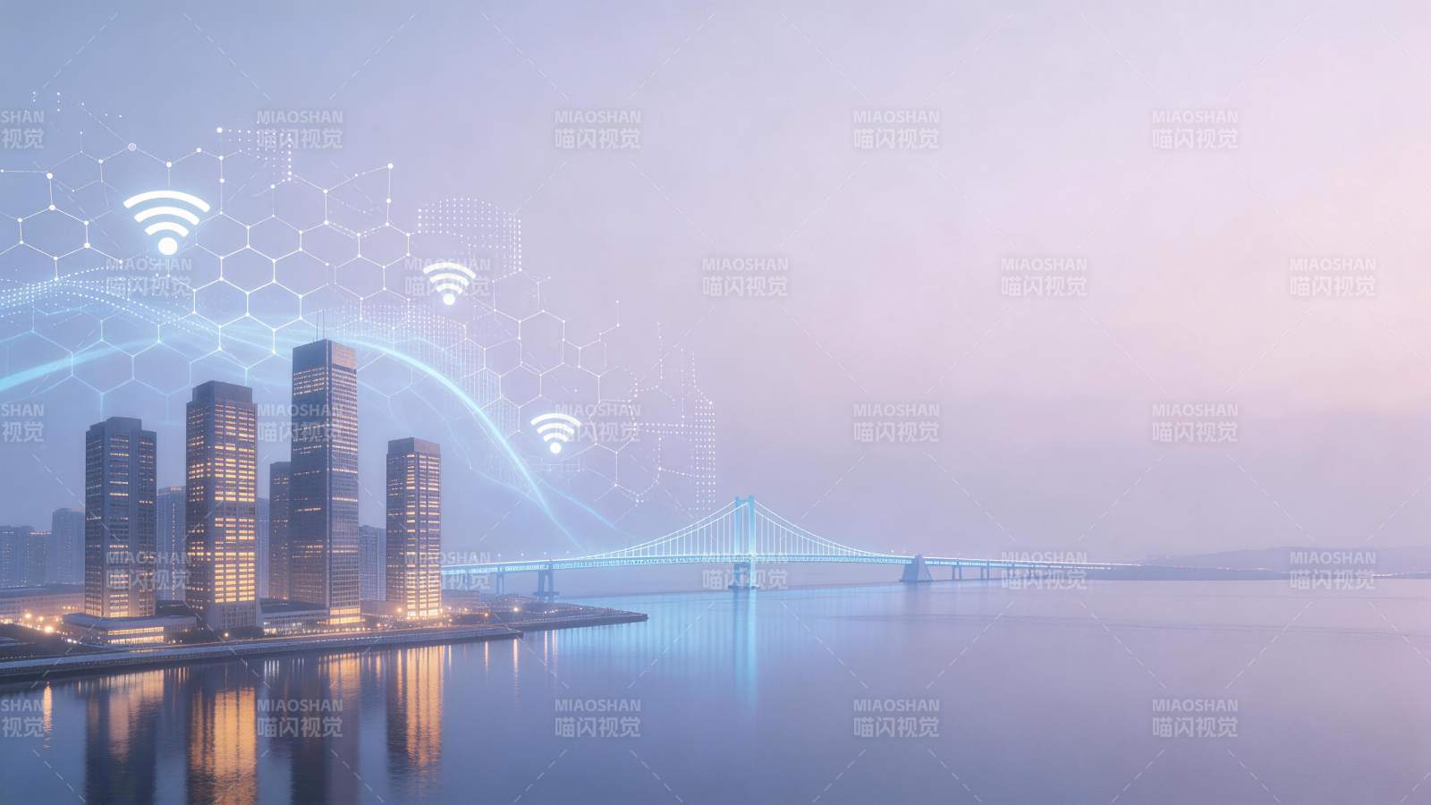 城市天际线与智慧网络叠加的现代港湾景象图片