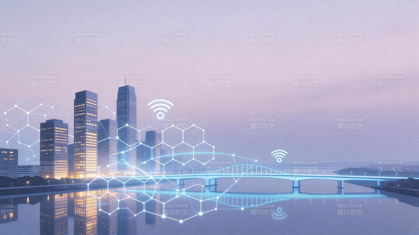 城市夜景中叠加无线网络与六边形连接图案图片