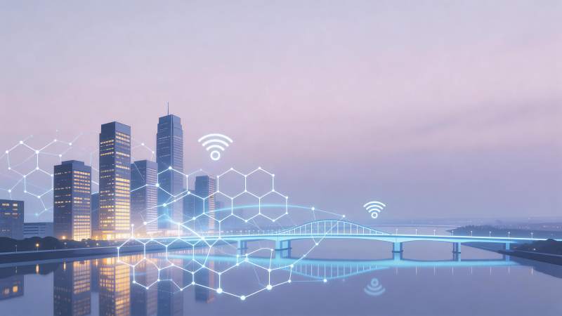 城市夜景中叠加无线网络与六边形连接图案图片