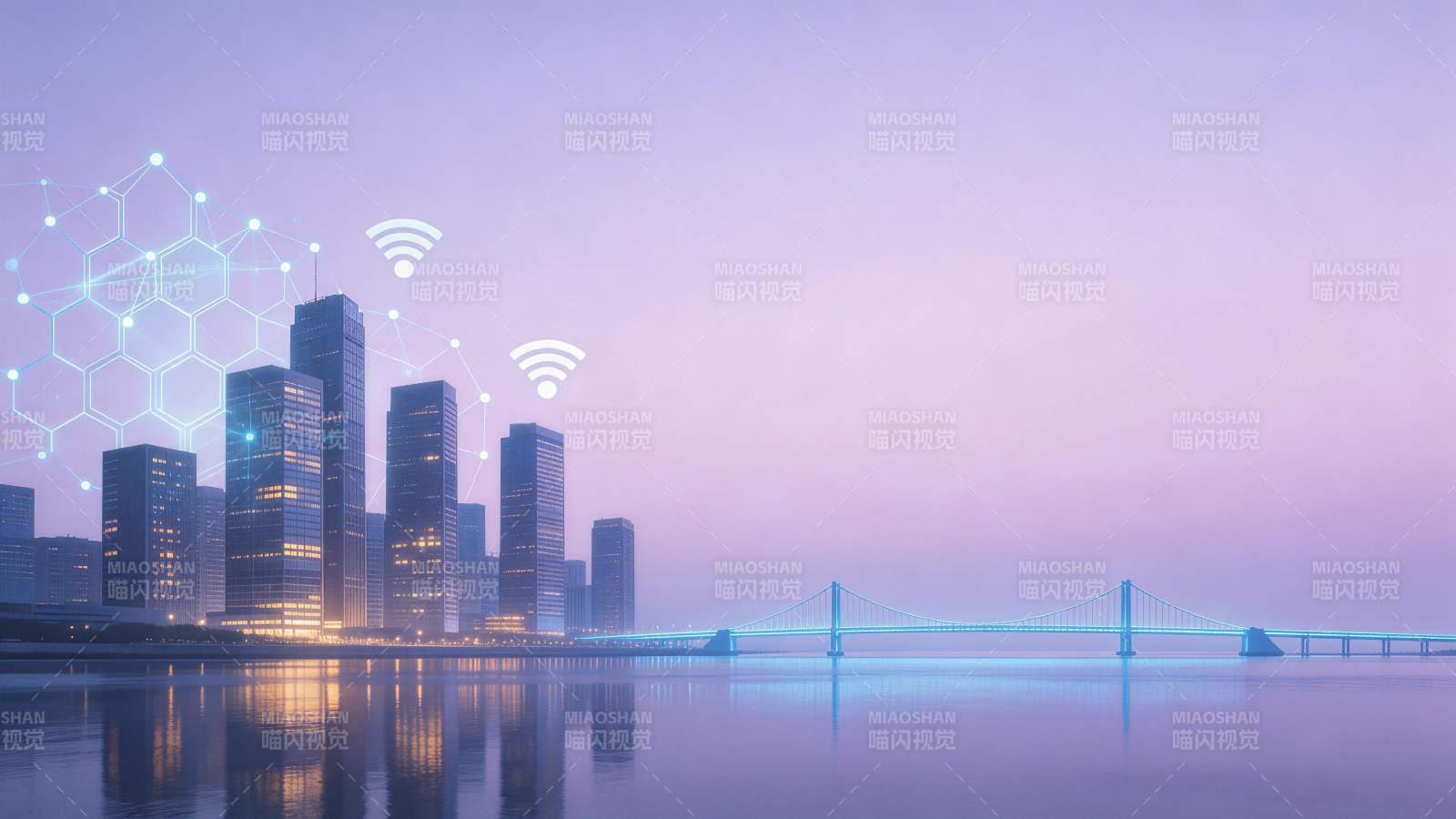 城市天际线与智慧网络符号叠加夜景图片