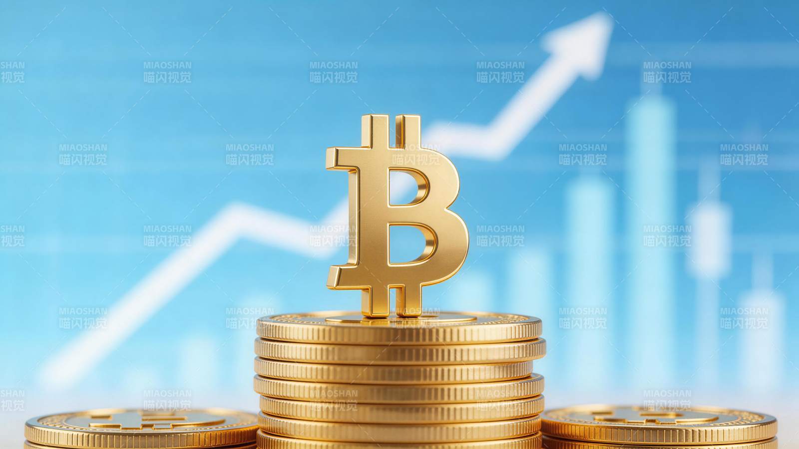 金色比特币符号立于金币堆上背景为上升曲线图片