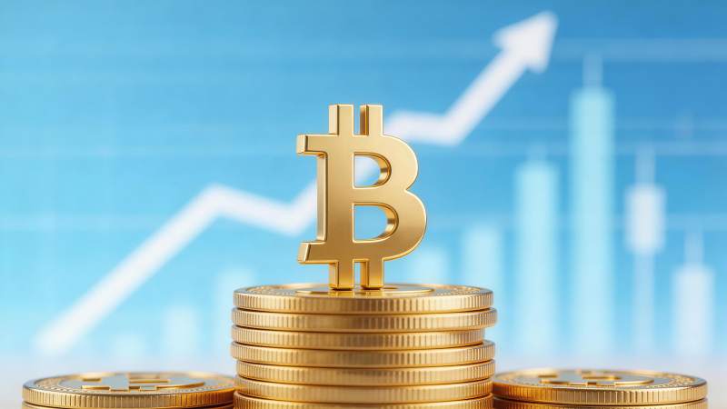 金色比特币符号立于金币堆上背景为上升曲线图片