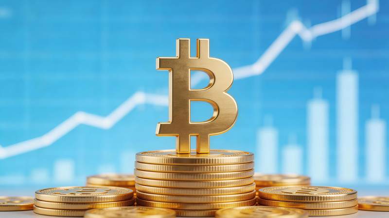 金色比特币标志立于金币堆上背景为上升图表图片