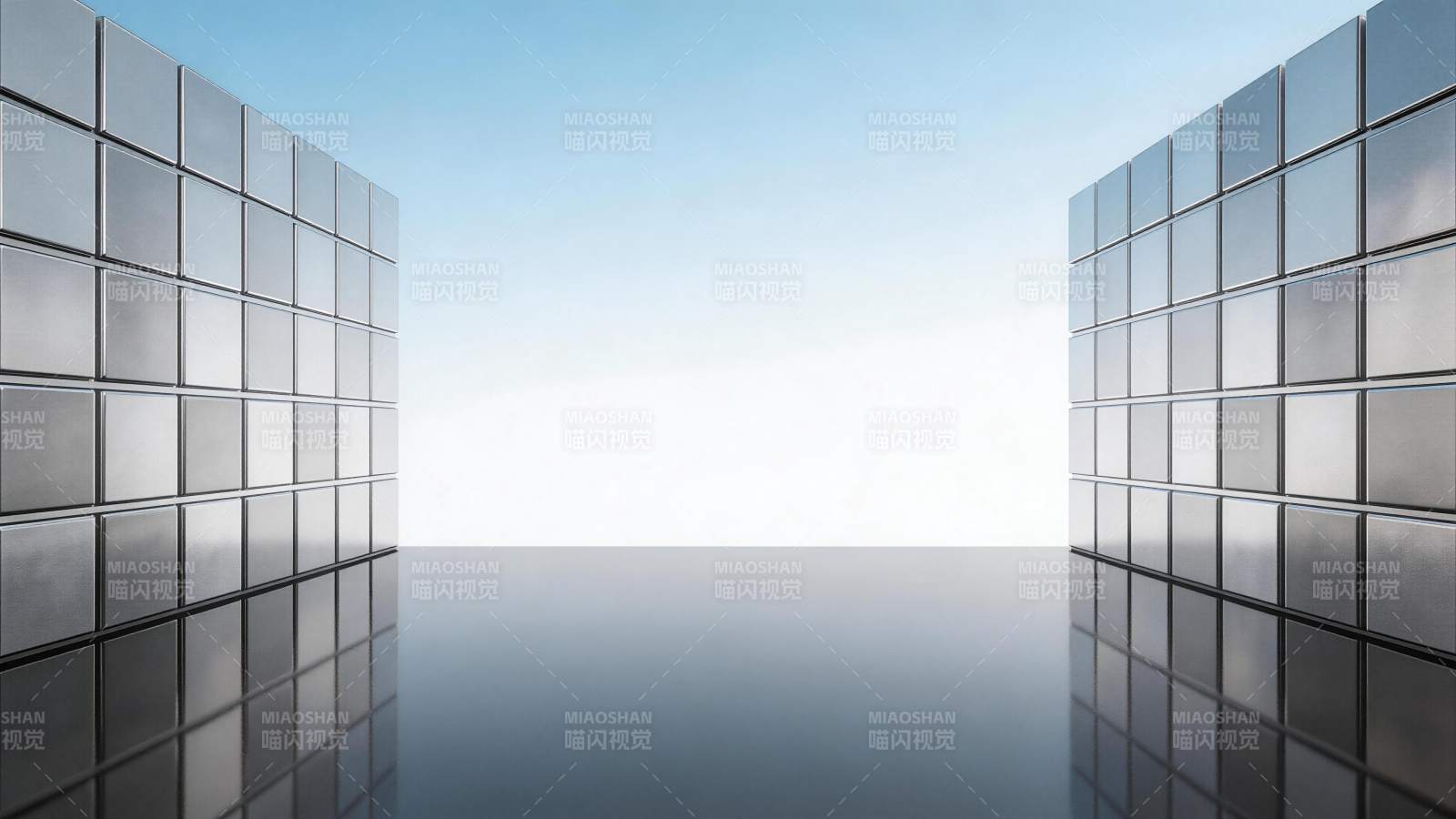 金属方块墙对称排列的现代空间场景图片