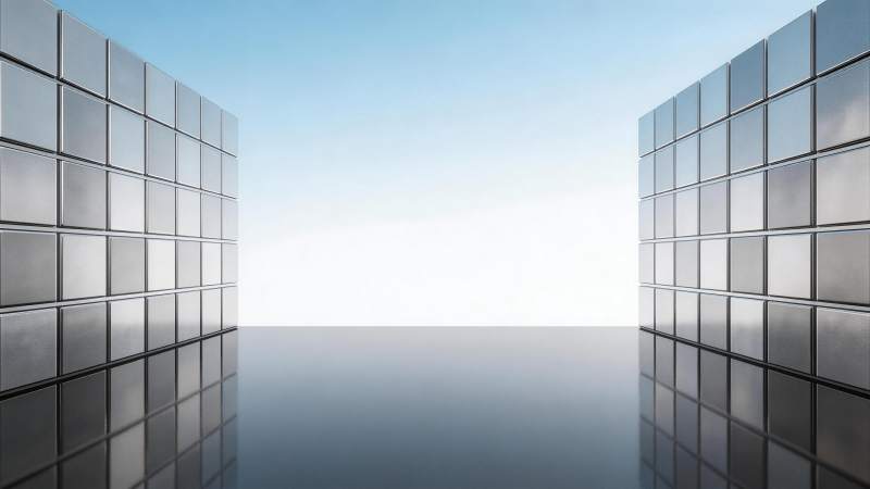 金属方块墙对称排列的现代空间场景图片