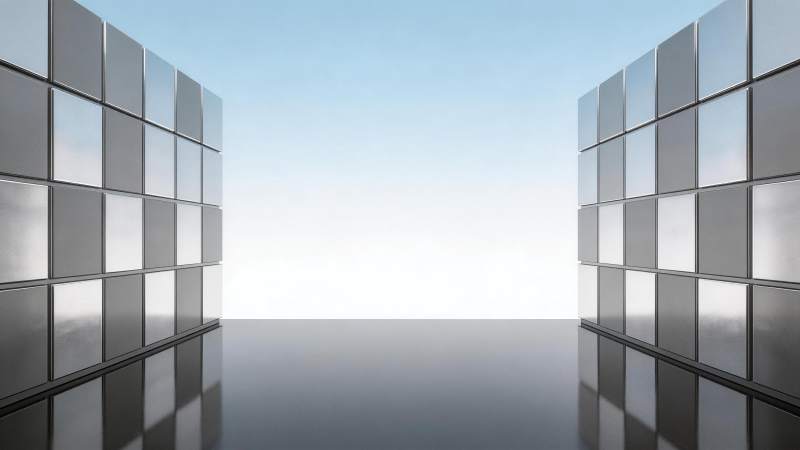 金属方块墙构成的对称空间通道图片