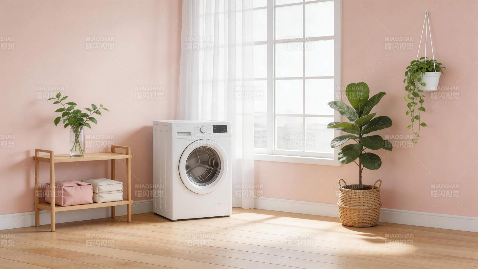粉色墙面房间内摆放洗衣机与绿植装饰图片
