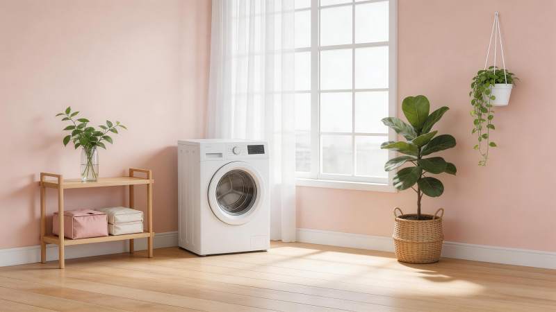 粉色墙面房间内摆放洗衣机与绿植装饰图片