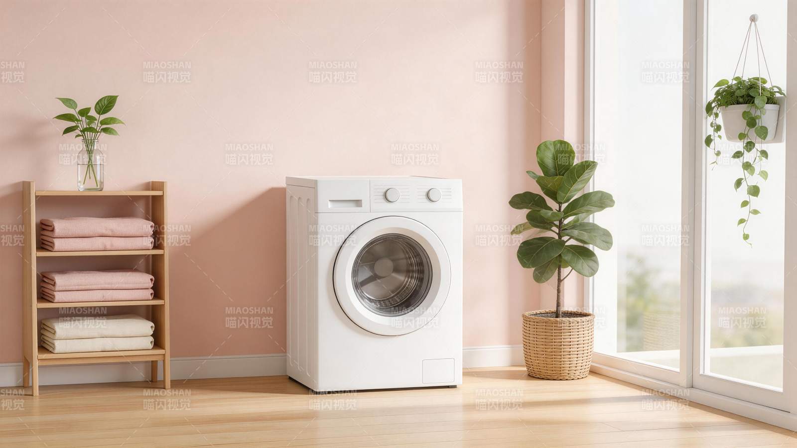 白色滚筒洗衣机置于浅粉墙面木质地板房间内图片