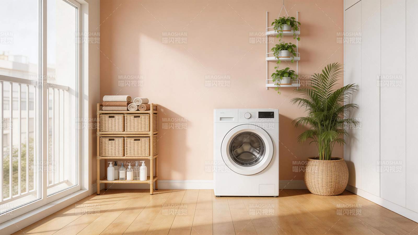 阳台洗衣区布置有洗衣机绿植与收纳架图片