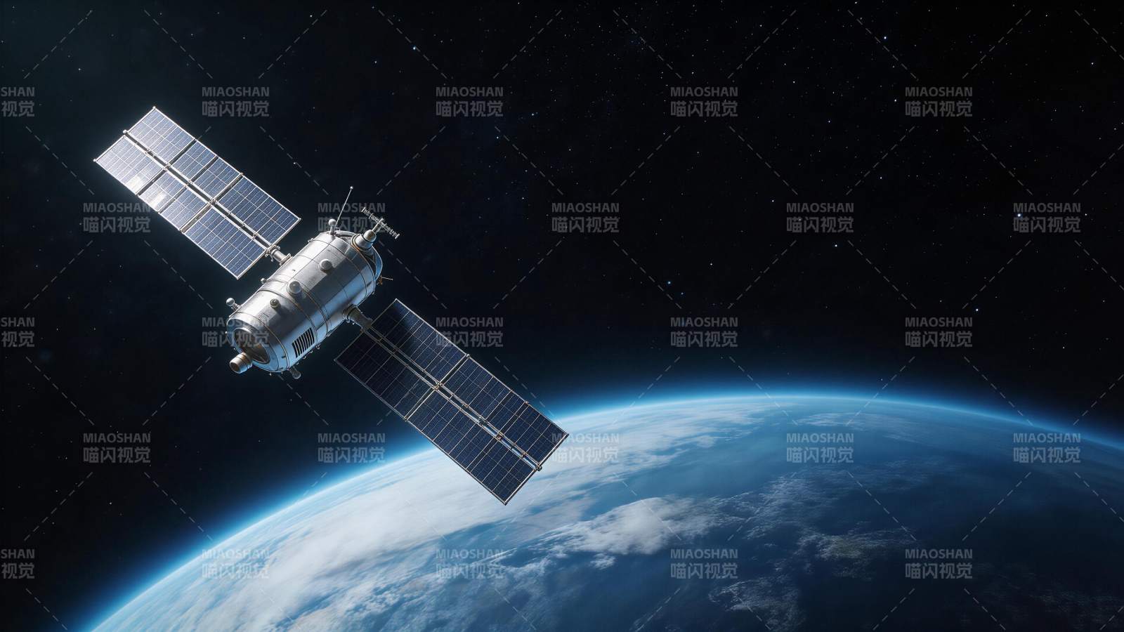 人造卫星在地球轨道上运行的太空景象图片