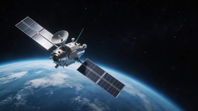 人造卫星在地球轨道上运行的太空景象图片