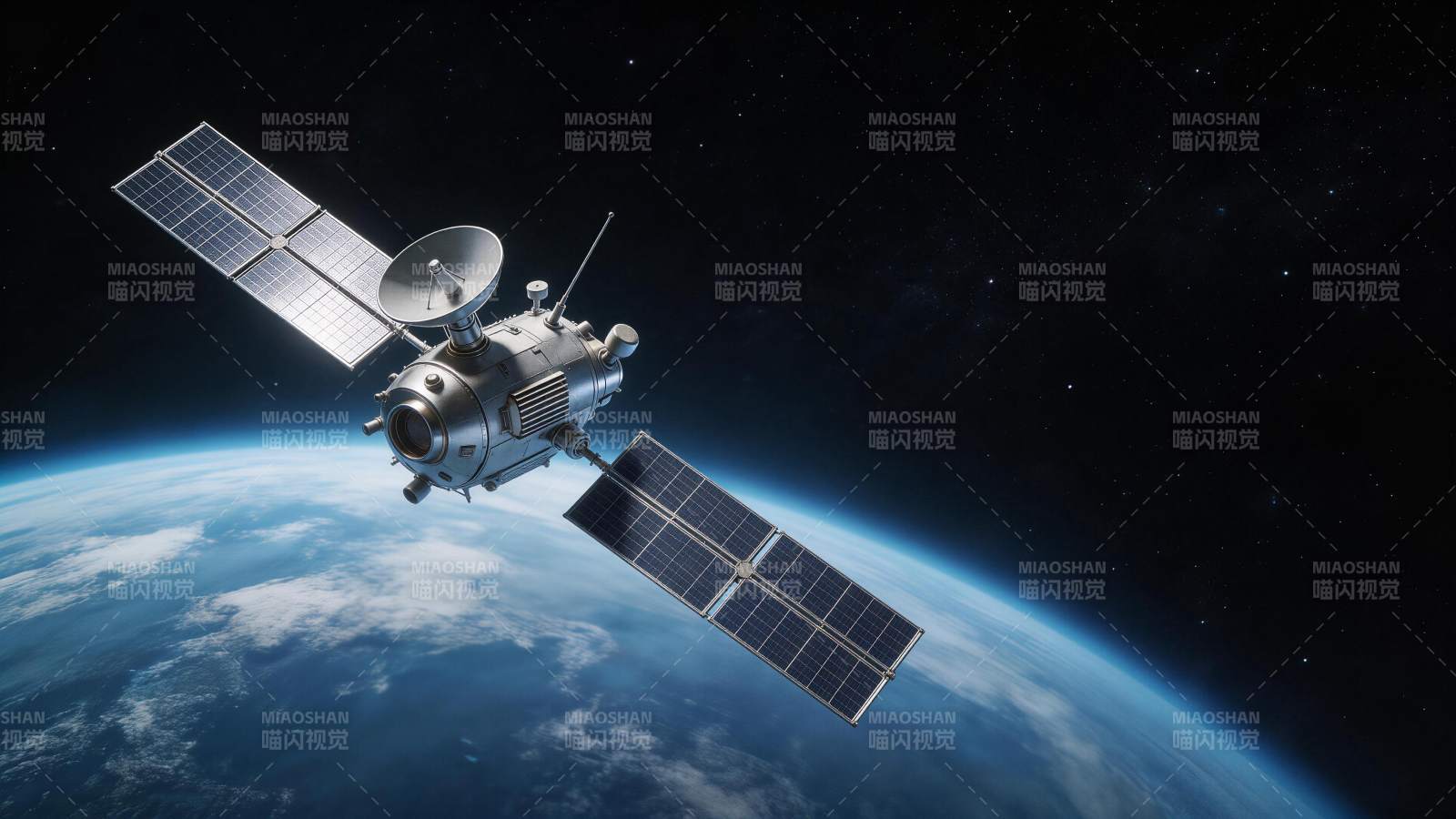 人造卫星在地球轨道上运行的太空景象图片