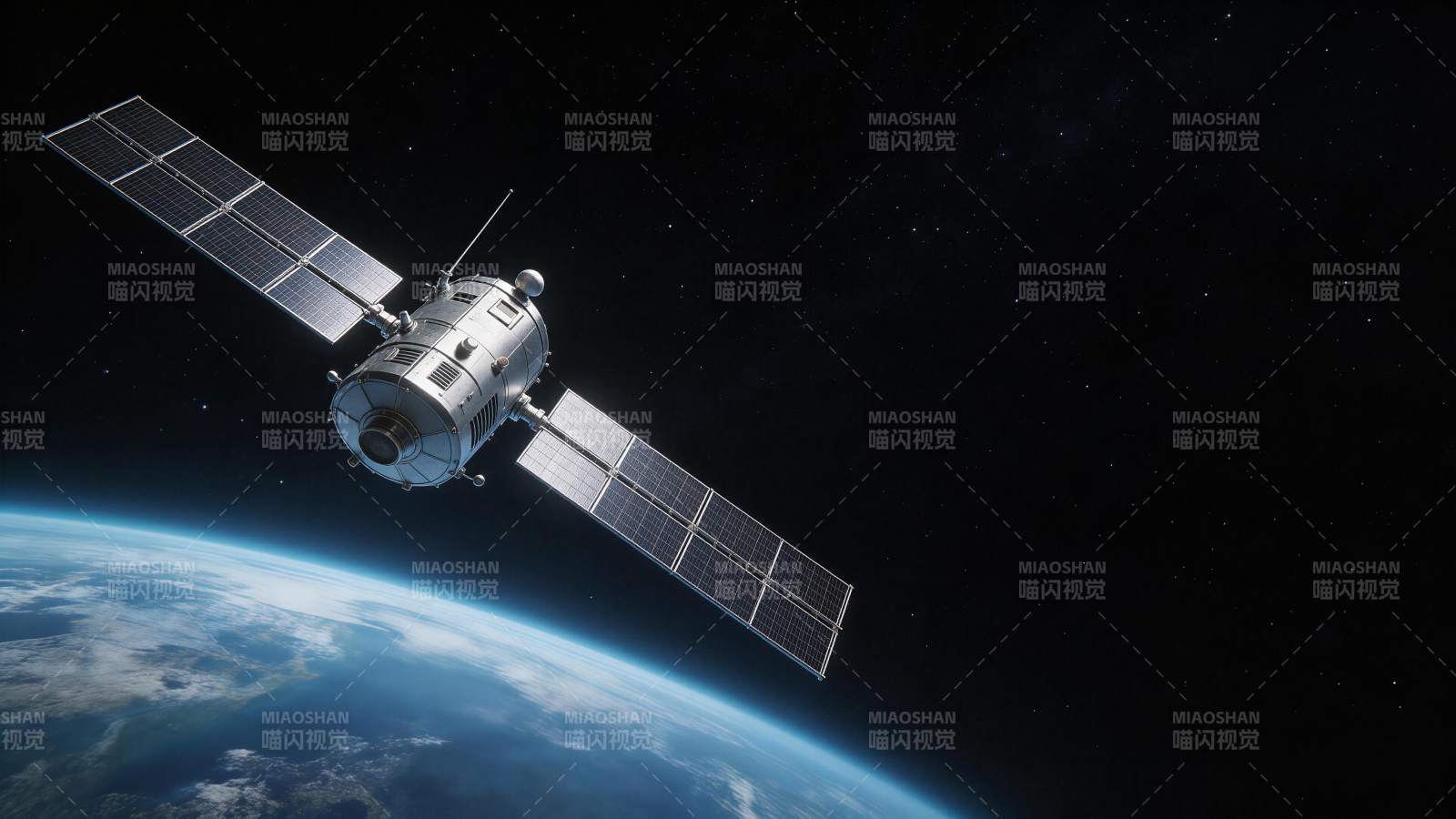 人造卫星在地球轨道上运行的太空景象图片