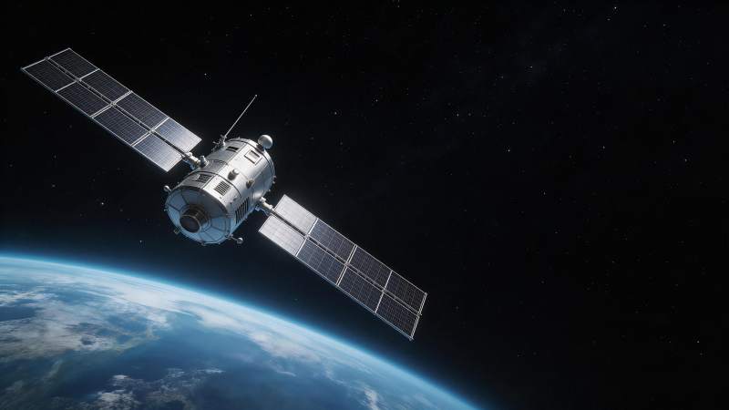 人造卫星在地球轨道上运行的太空景象图片