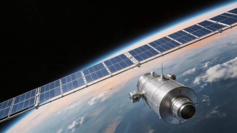 太空中的航天器与地球弧线及太阳能板图片