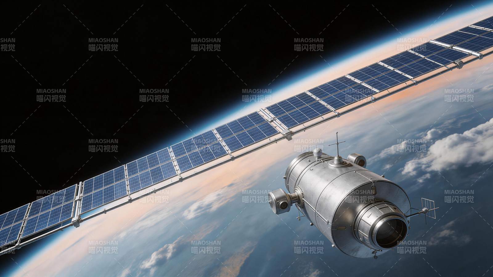 太空中的航天器与地球弧线及太阳能板图片