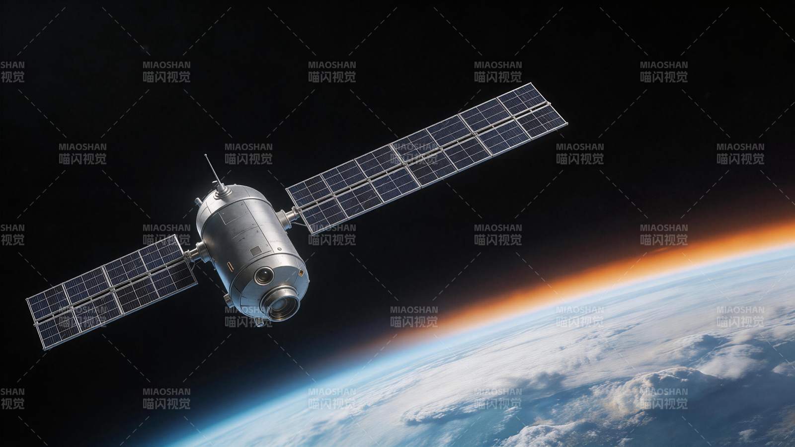 人造卫星在地球轨道上运行的太空景象图片