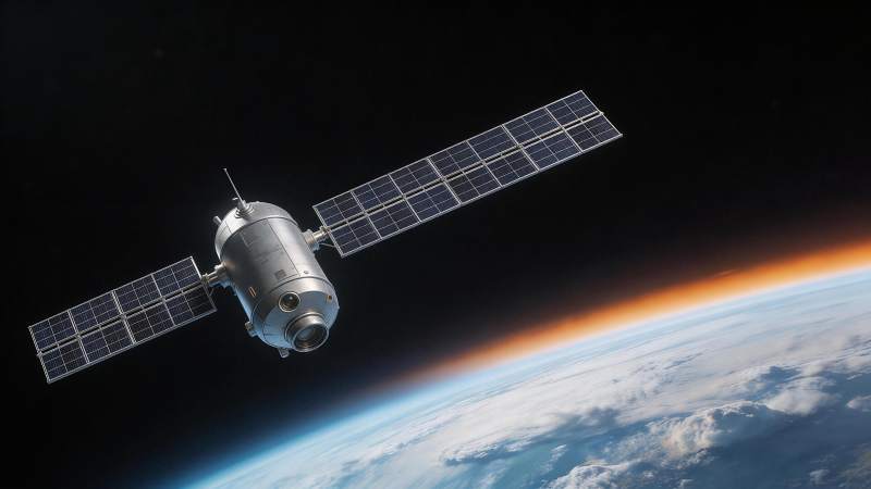 人造卫星在地球轨道上运行的太空景象图片