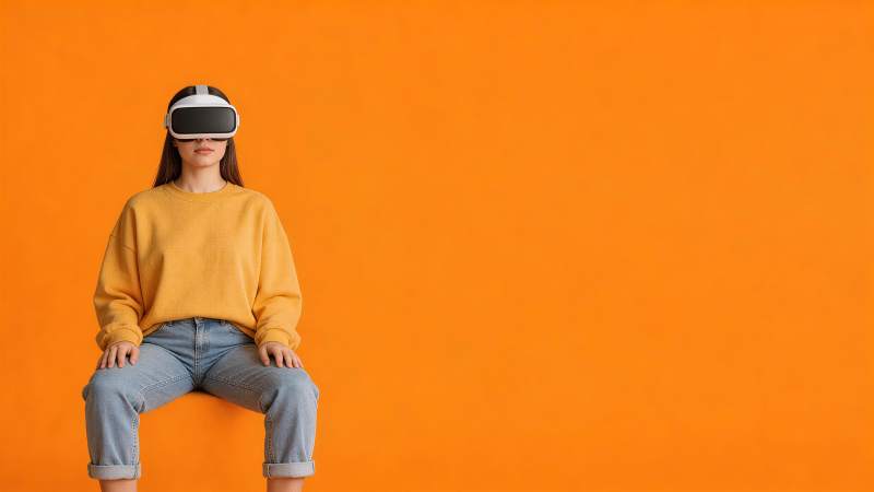 佩戴虚拟现实头盔的年轻女性坐姿肖像图片