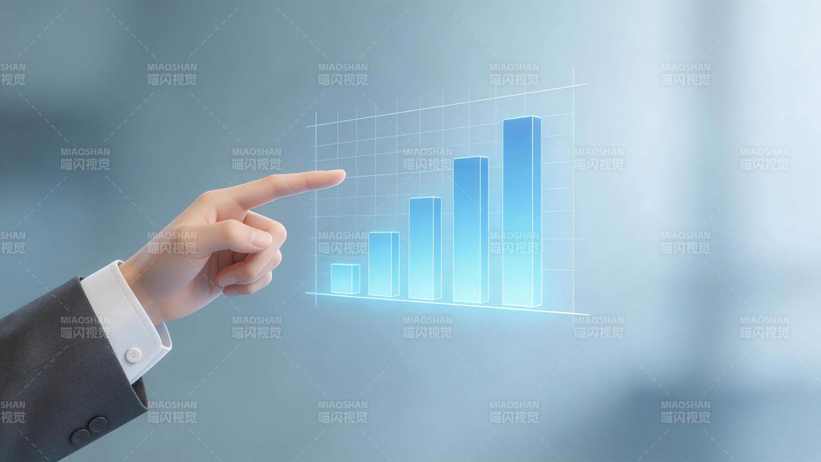 商务人士手指触控蓝色增长柱状图数据图片