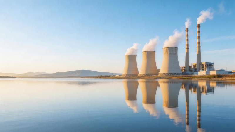 冷却塔群临水而立烟雾升腾倒影清晰图片