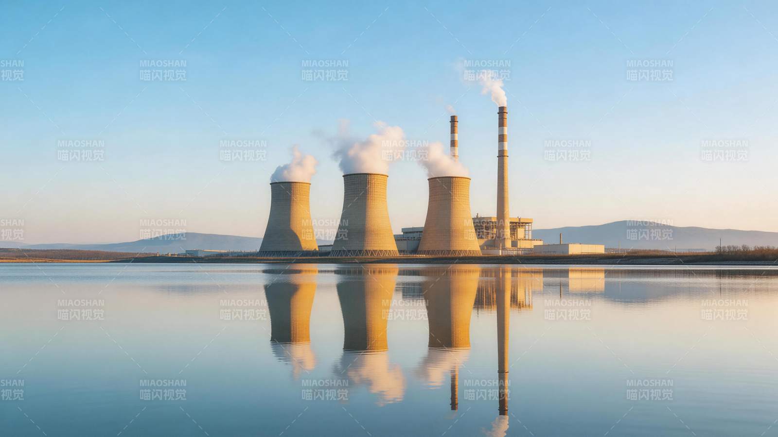冷却塔与烟囱排放白烟倒映水面图片