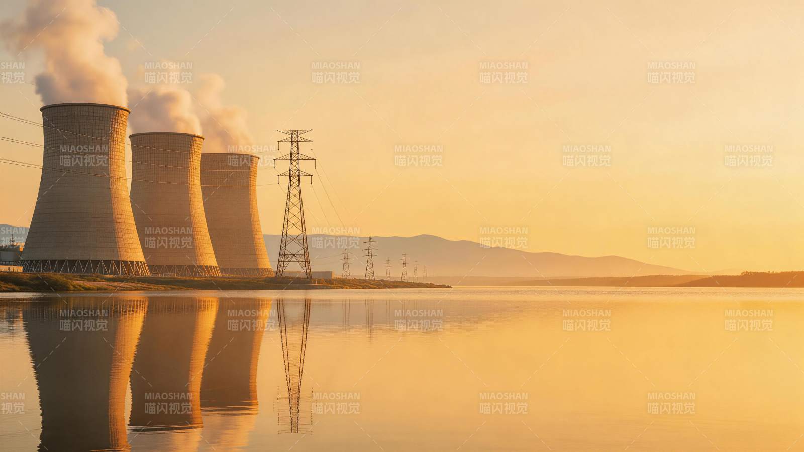 三座冷却塔在黄昏湖面映出倒影并排放蒸汽图片