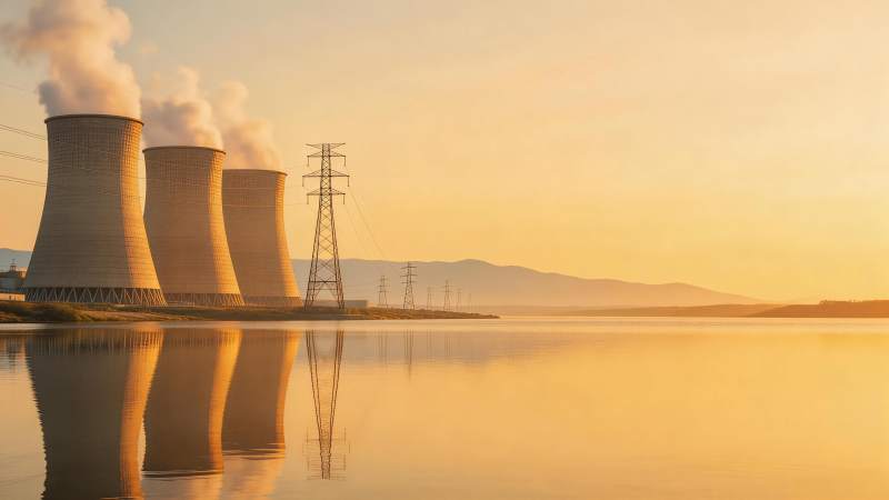 三座冷却塔在黄昏湖面映出倒影并排放蒸汽图片