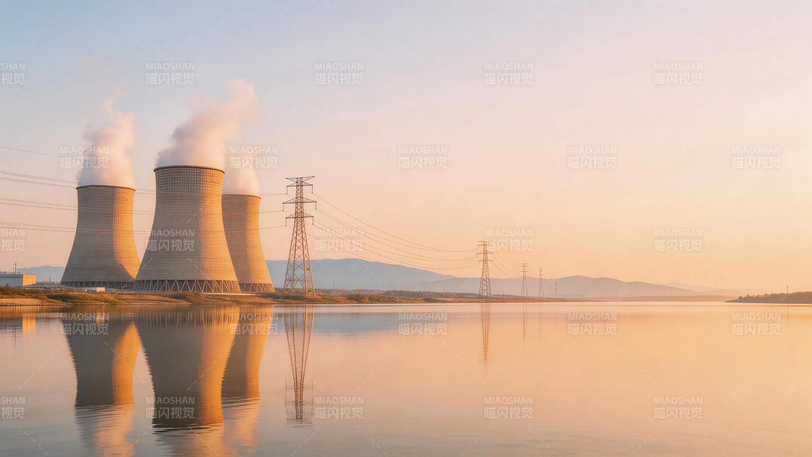 冷却塔群在湖面倒影中排放蒸汽图片