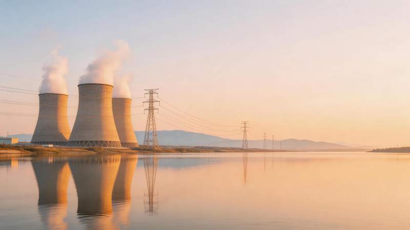 冷却塔群在湖面倒影中排放蒸汽图片