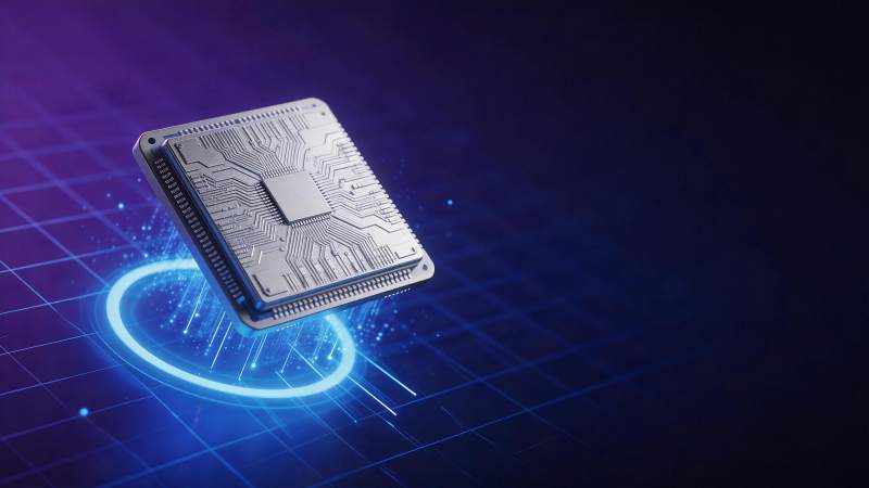 悬浮芯片置于蓝色光圈网格背景之上图片