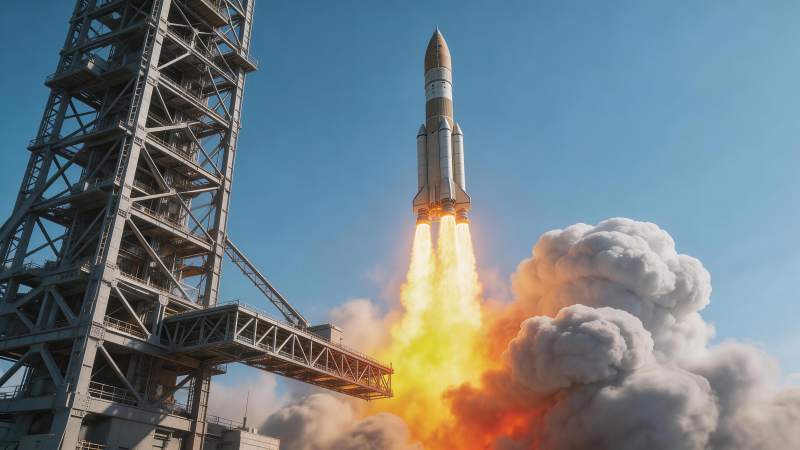 火箭点火升空瞬间发射塔架旁浓烟滚滚图片