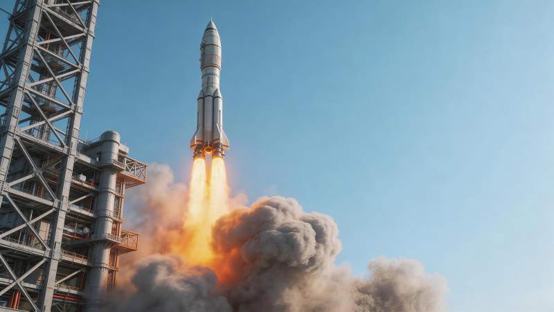 火箭点火升空瞬间发射塔架旁浓烟滚滚图片