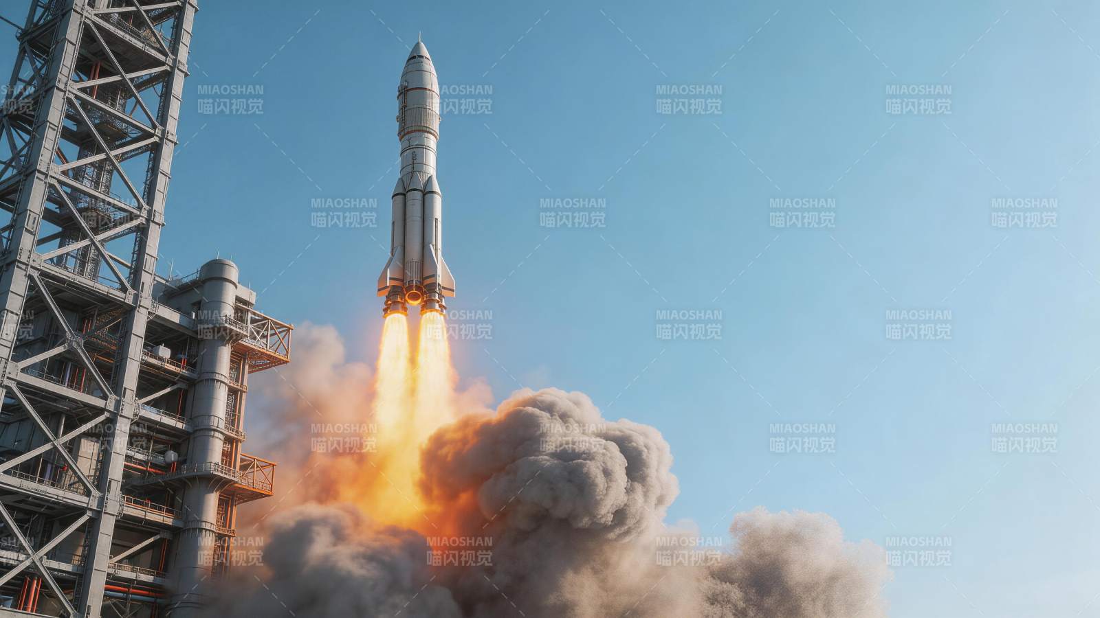 火箭点火升空瞬间发射塔架旁浓烟滚滚图片