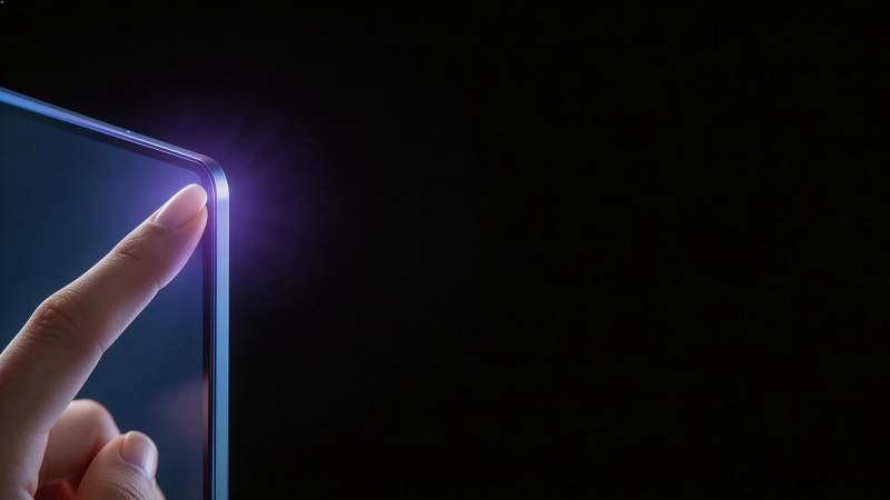 手指触碰发光智能手机屏幕边缘特写图片