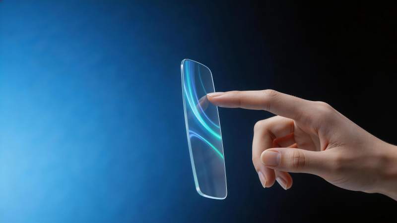 手指触碰悬浮透明柔性屏幕显示光纹图片