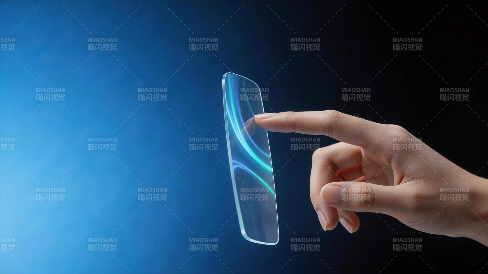 手指触碰悬浮透明柔性屏幕显示光纹图片
