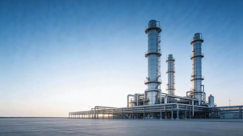 工业厂区高耸塔罐与管道系统全景图片