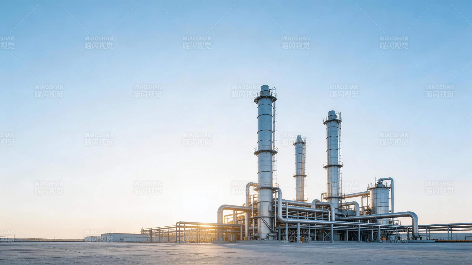 工业厂区高耸烟囱与管道系统全景图片