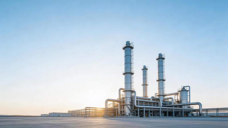 工业厂区高耸烟囱与管道系统全景图片