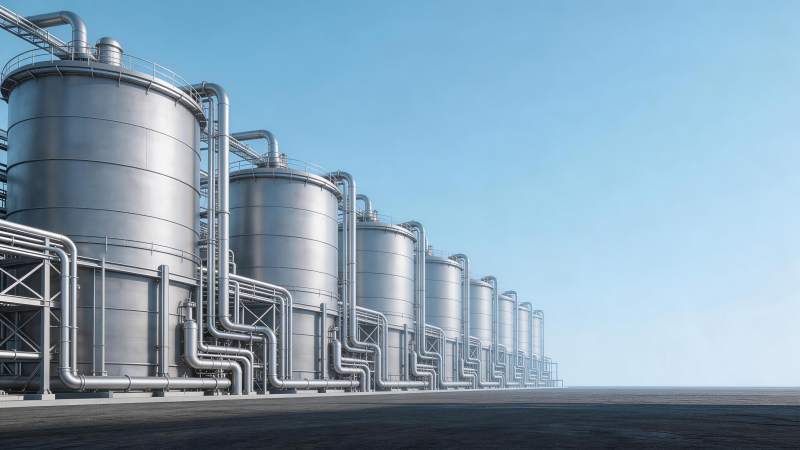 一排大型金属储罐与复杂管道系统工业设施图片