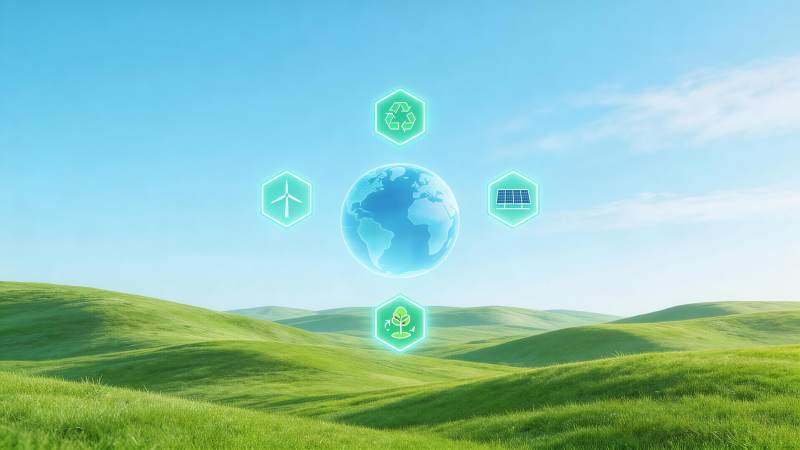 绿色丘陵背景下的地球与环保能源图标组合图片