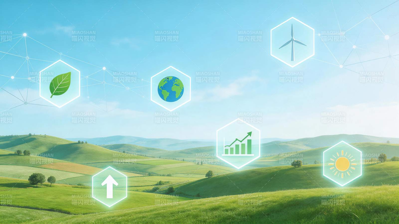绿色田野上悬浮生态科技图标网络图片