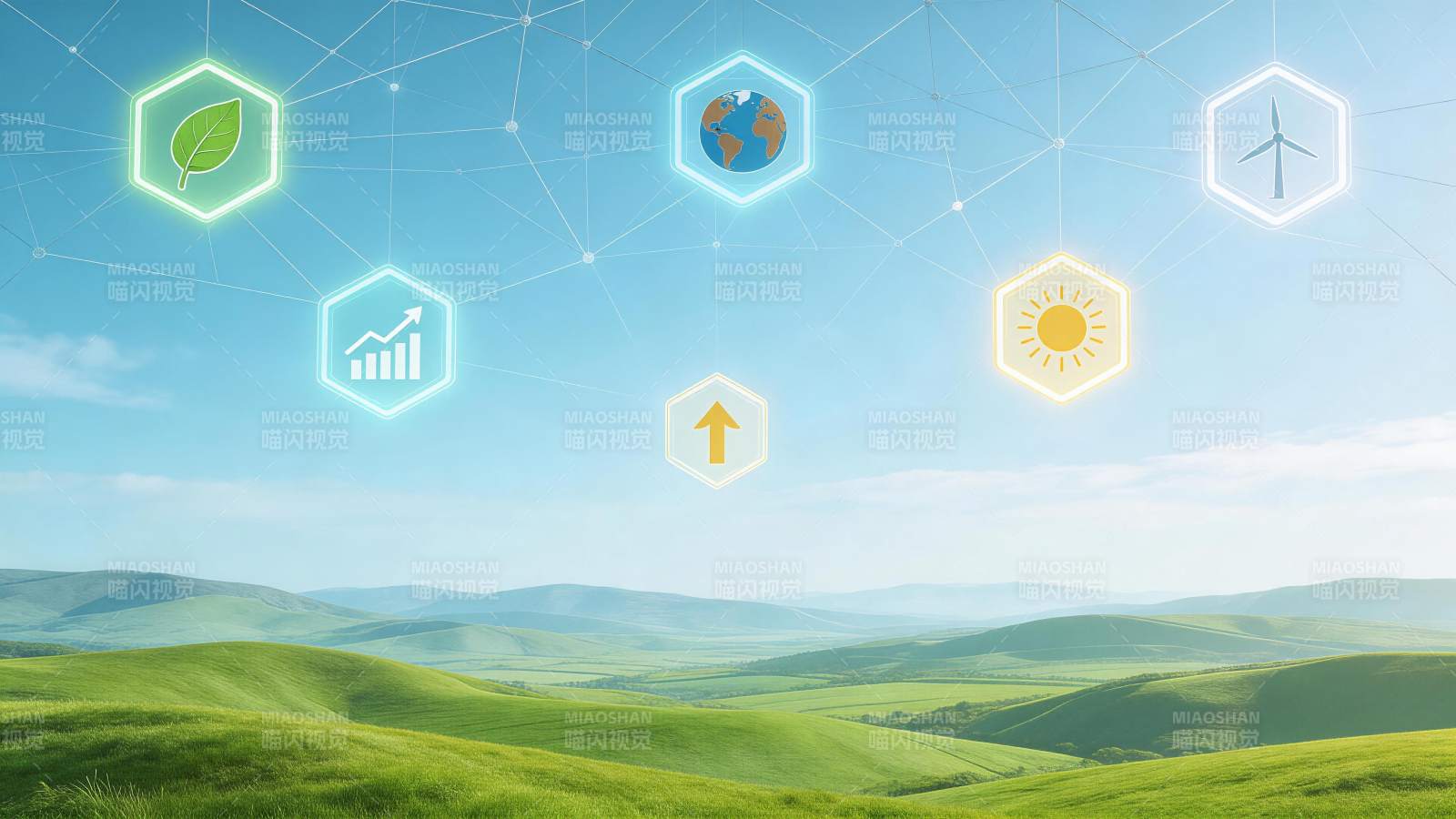 绿色丘陵上空悬浮生态科技六边形图标网络图片