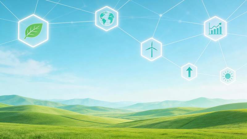 绿色丘陵景观与环保科技图标网络连接图图片