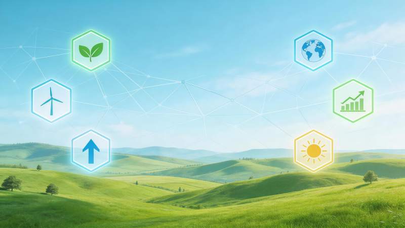 绿色丘陵景观与可持续发展图标网络图片