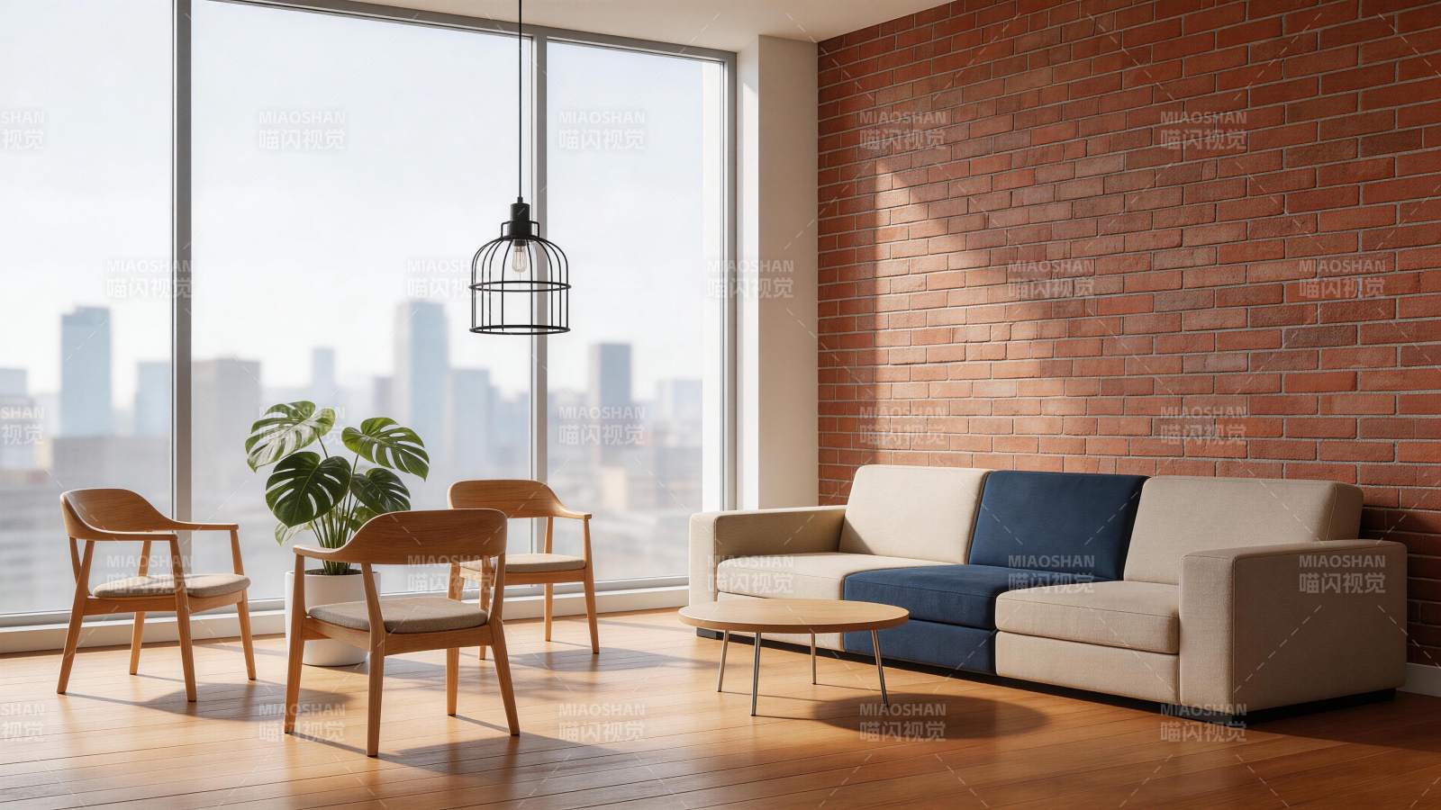 现代客厅室内设计带红砖墙与城市景观图片
