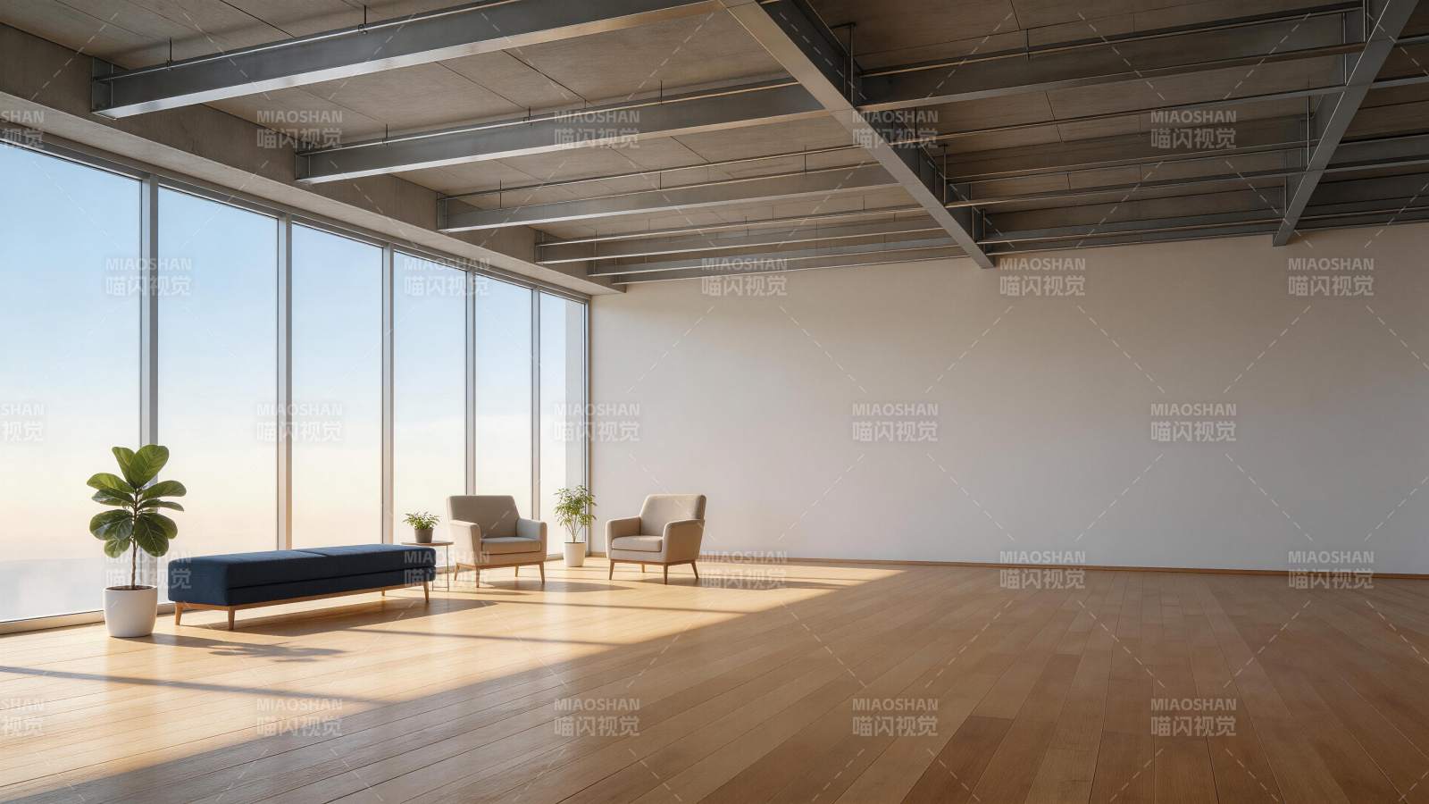 宽敞现代室内空间配落地窗与简约家具图片